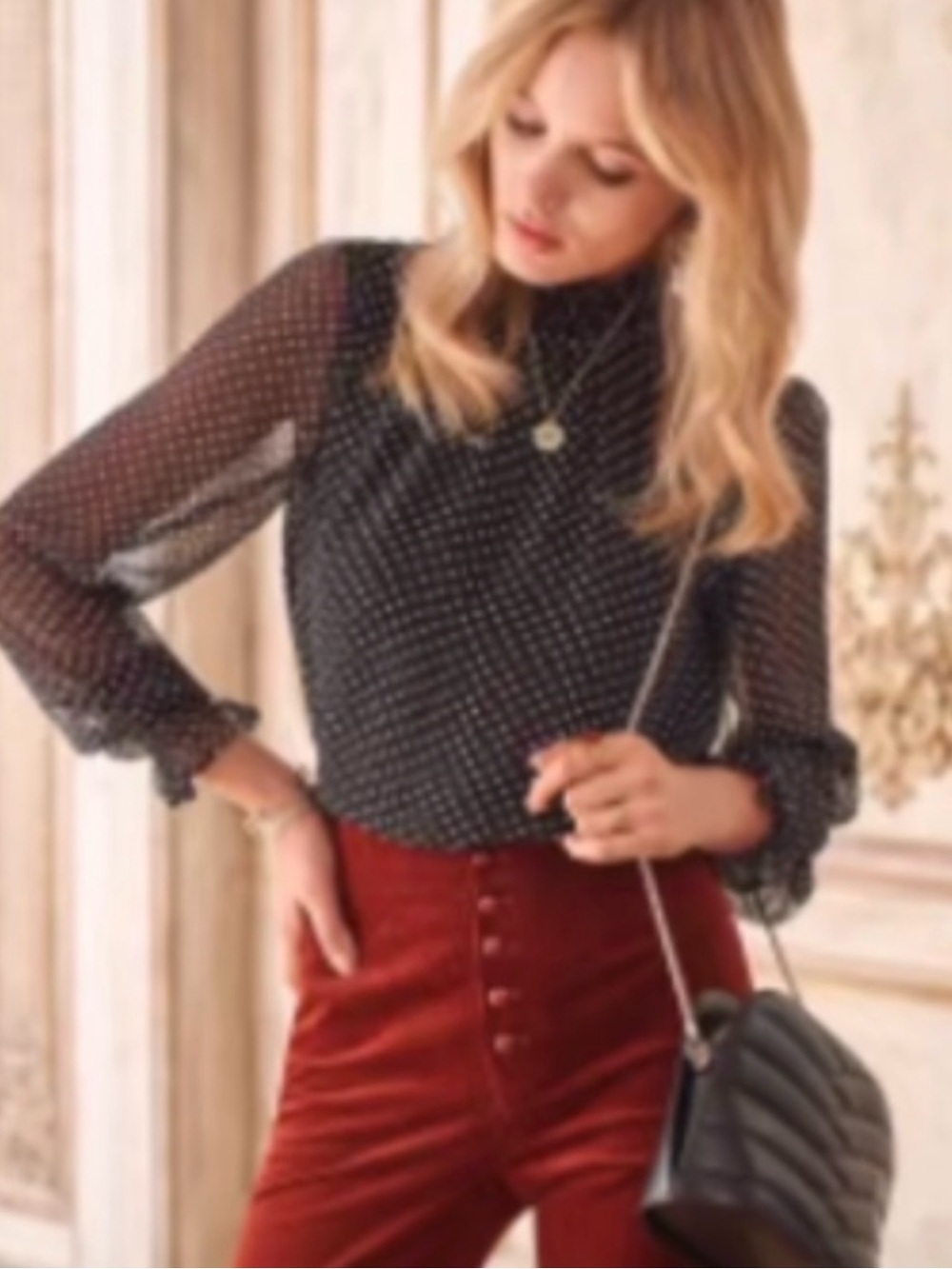 Sezane Black Polka Dot Sheer Long-Sleeve Blouse